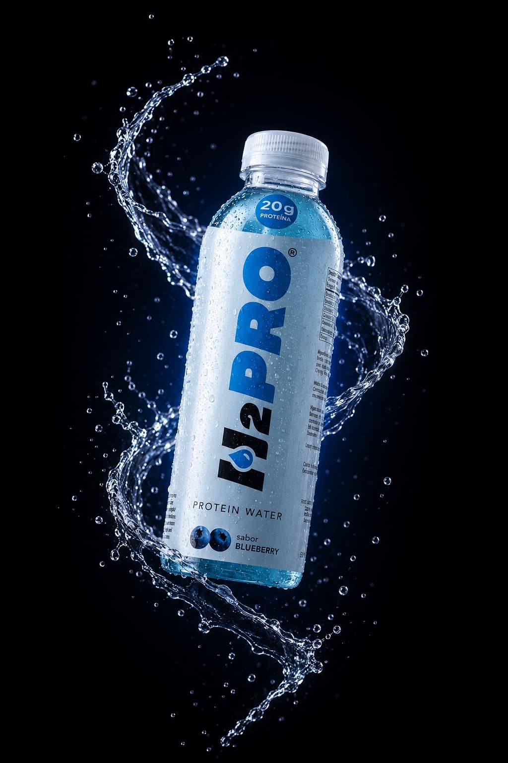 Botella H2PRO Blueberry flotando ingrávida entre agua suspendida sobre fondo negro